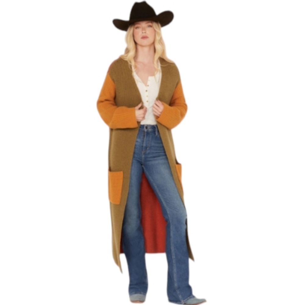 NEW Revel Boot Barn Large Women's Color Block Long Duster Olive Cardigan NWT